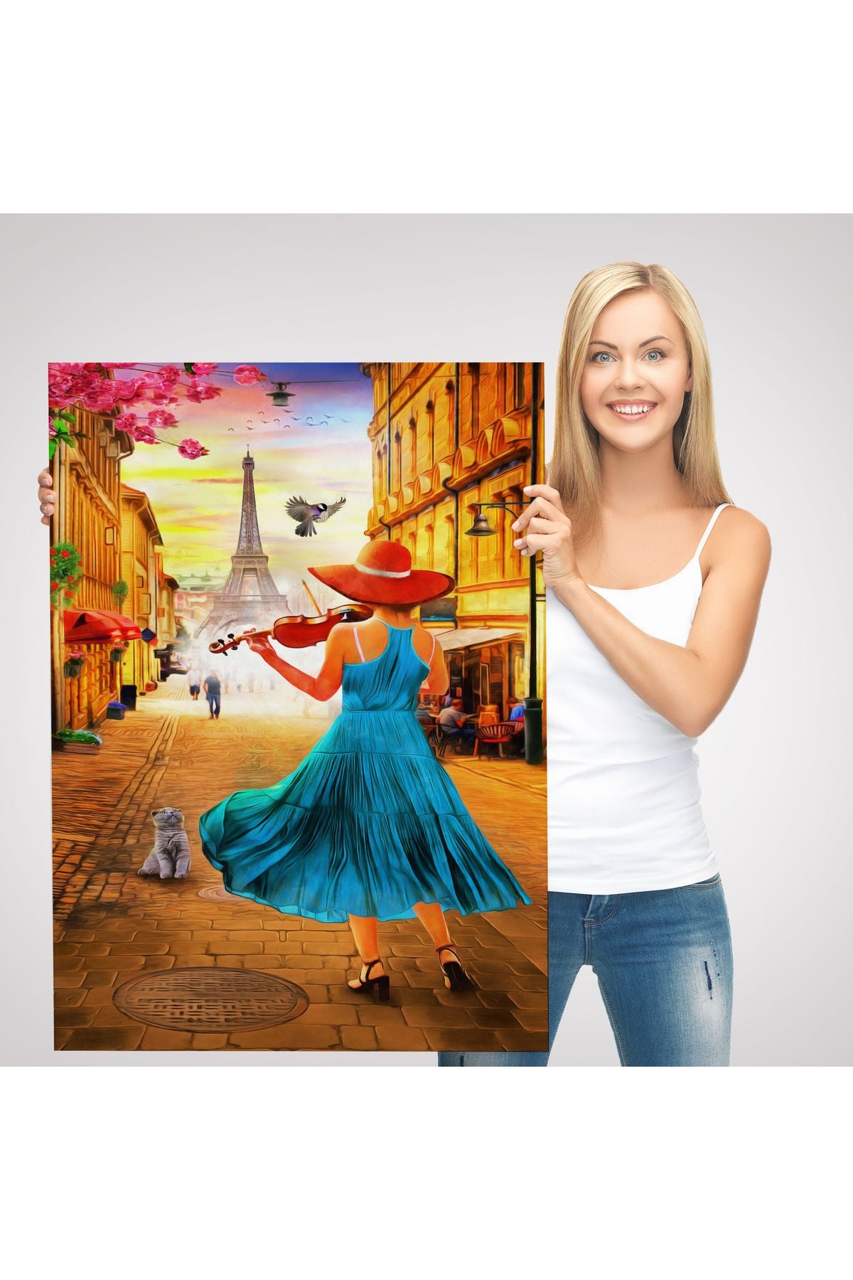 Paris de Etfel Kulesine Karşı Keman Çalan Kız Tablosu-6006