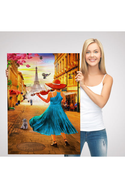 Paris de Etfel Kulesine Karşı Keman Çalan Kız Tablosu-6006