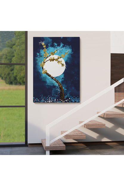 Altın Çiçekli Ağaç ve Ve Ay Kanva Tablo, Soyut Çağdaş Sanat Örneği-4971