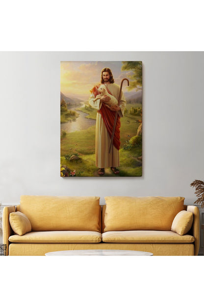 SZ KVS1-Dekoratif Duvar Tablosu-Kucağındaki Kuzu ile Hz İsa Kanvas Tablo 6064