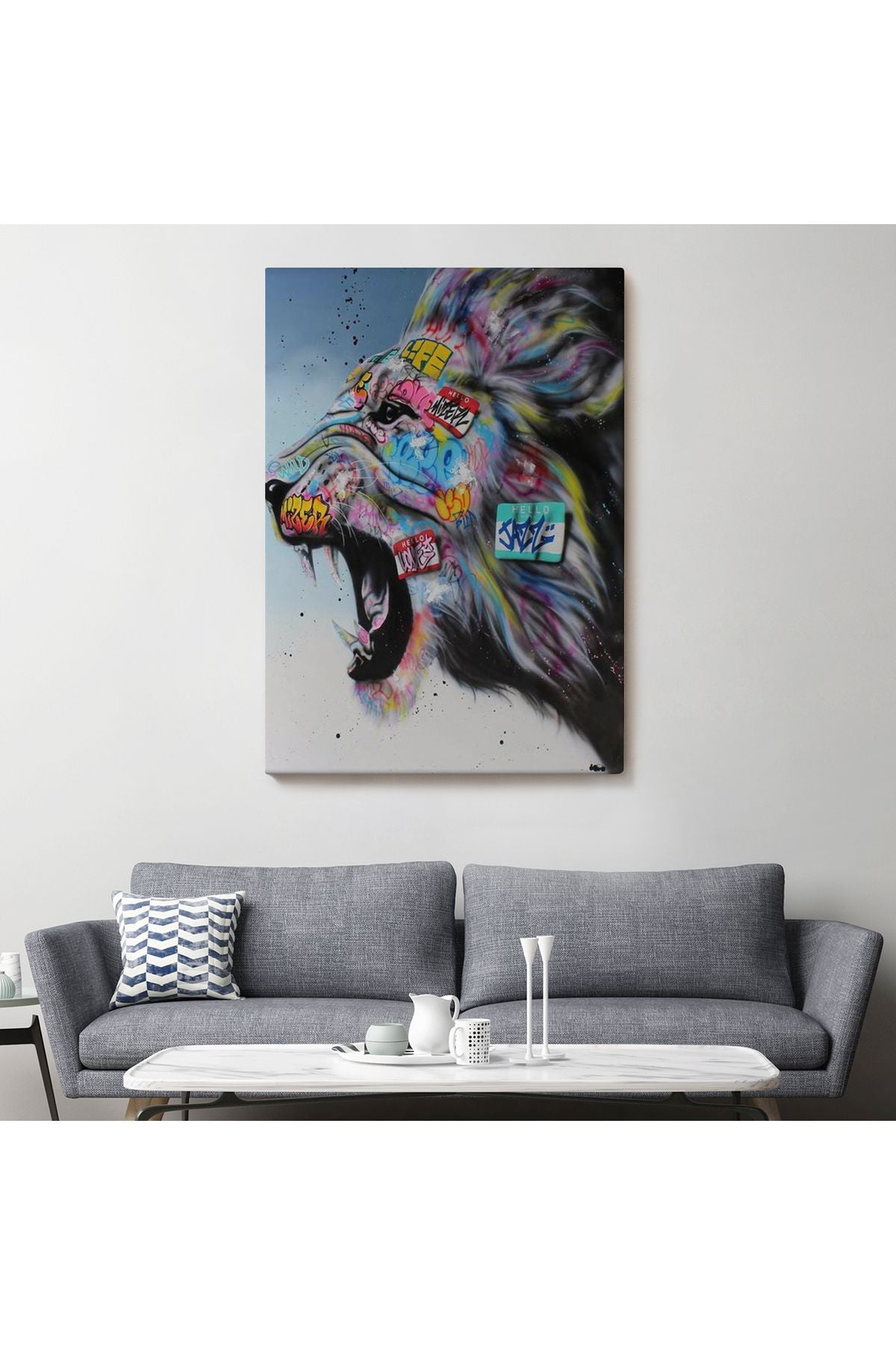 Renkli Kükreyen Aslan Kanvas Tablo, Pop Art, Sokak Sanatı-5316