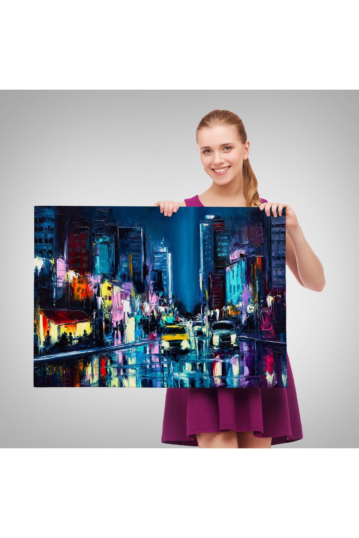 New York Gece Manzarası Yağlıboya Dekoratif Duvar Tablosu-3533