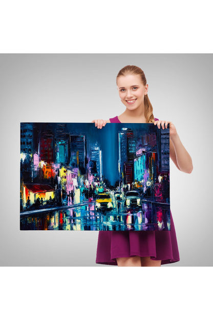 New York Gece Manzarası Yağlıboya Dekoratif Duvar Tablosu-3533