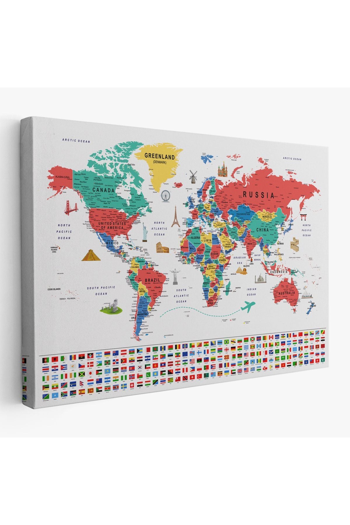 Dünya Haritası Ayrıntılı Eğitici Sembollü Bayraklı Dekoratif Kanvas Tablo 2865