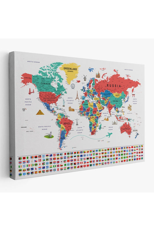 Dünya Haritası Ayrıntılı Eğitici Sembollü Bayraklı Dekoratif Kanvas Tablo 2865