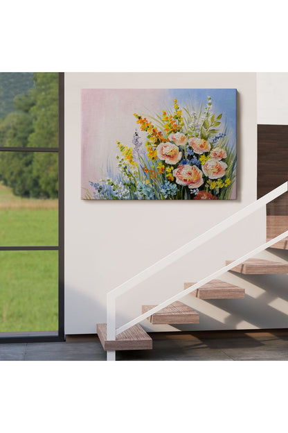 Soyut Yaz Çiçekleri Yağlıboya Görünüm Dekoratif Kanvas Duvar Tablosu-3496