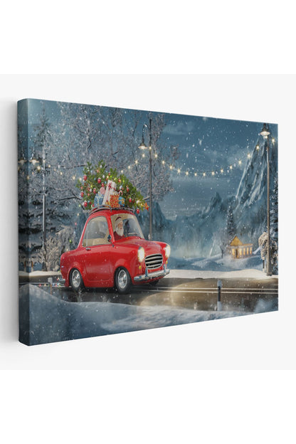 Noel Baba ve Küçük Kırmızı Retro Arabası Kanvas Duvar Tablosu-3752