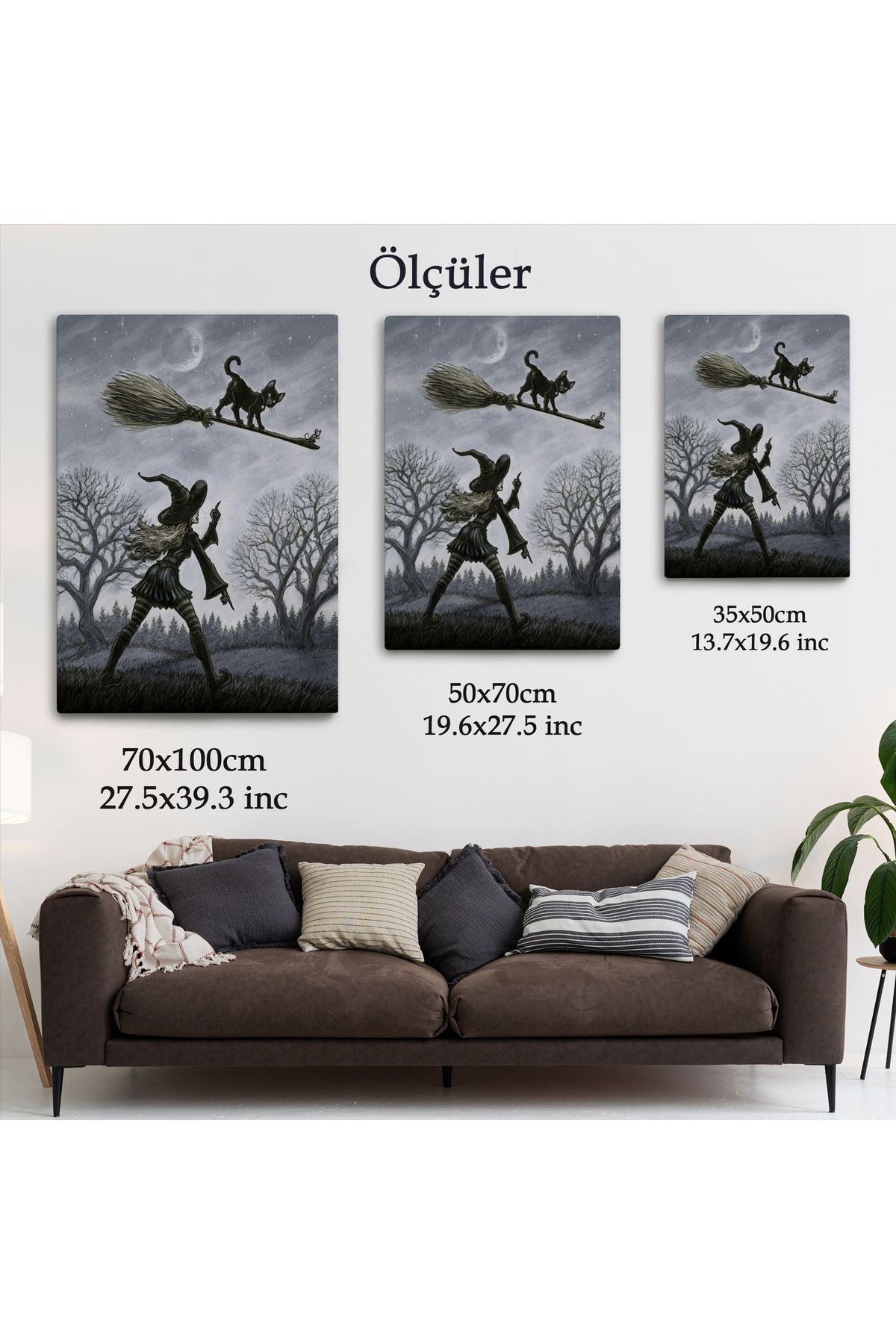 Cadı Süpürgesi ile Uçan Kara Kedi Tablosu, Witches Halloween-6353