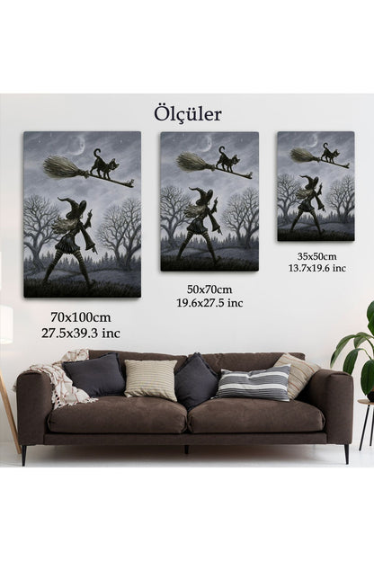 Cadı Süpürgesi ile Uçan Kara Kedi Tablosu, Witches Halloween-6353