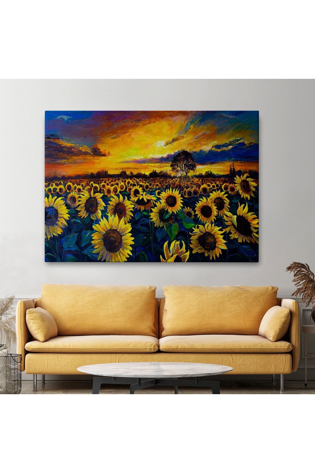 Ayçiçeği Tarlası Yağlıboya Görünüm Dekoratif Kanvas Duvar Tablosu-3751