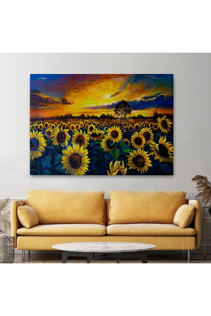 Ayçiçeği Tarlası Yağlıboya Görünüm Dekoratif Kanvas Duvar Tablosu-3751