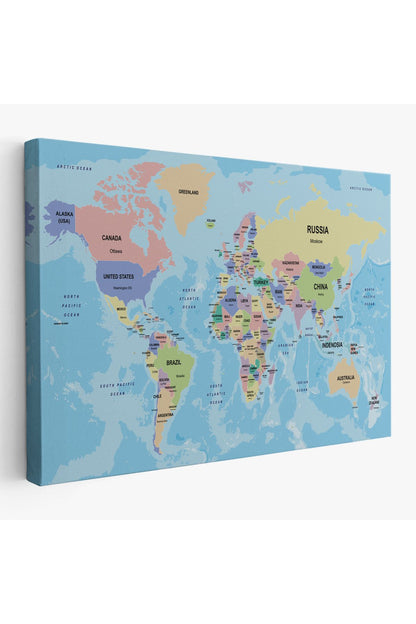 Dekoratif Duvar Tablosu-Ülke Başkentli Okyanuslu İngilizce Dünya Haritası Kanvas Tablo 2233