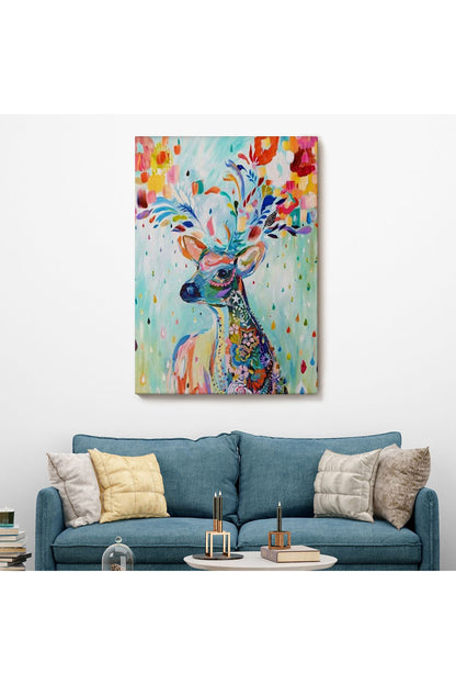 Renkli Çiçek Detaylı Geyik Dekoratif Duvar Tablosu-6196