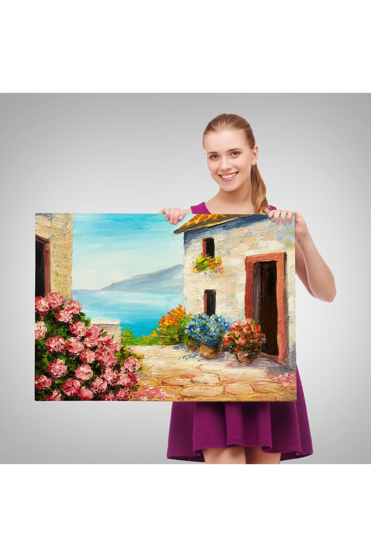 Çiçekler Arasındaki Deniz Manzaralı Ev Duvar Tablosu-3640