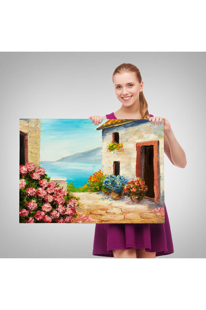 Çiçekler Arasındaki Deniz Manzaralı Ev Duvar Tablosu-3640