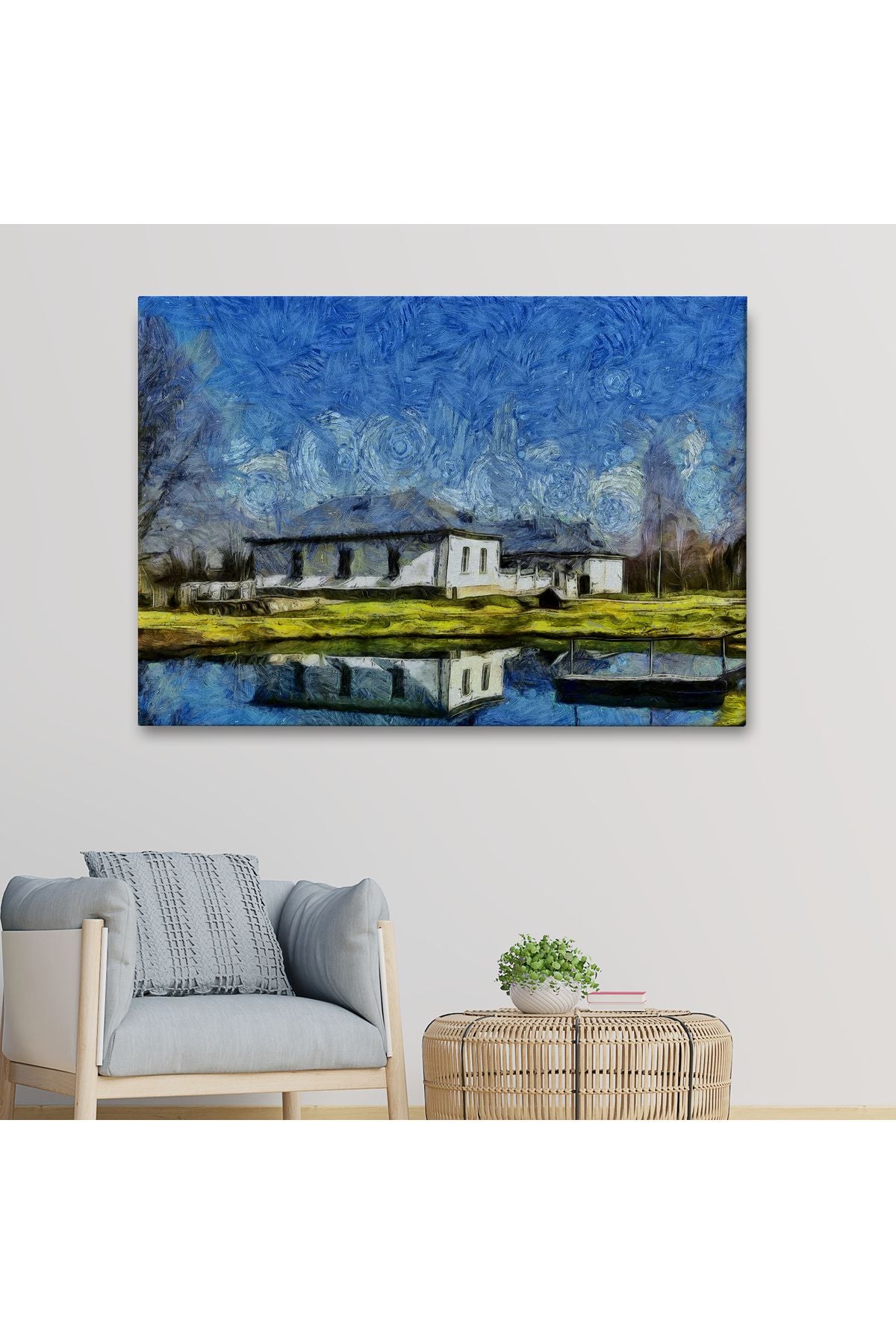 Göl Kenarındaki Köy Evi Dekoratif Duvar Tablosu-3528