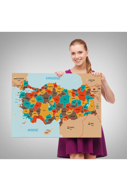 Türkiye Haritası Kanvas Tablo Sınır Komşulu Eğitici Dekoratif Tablo 3094