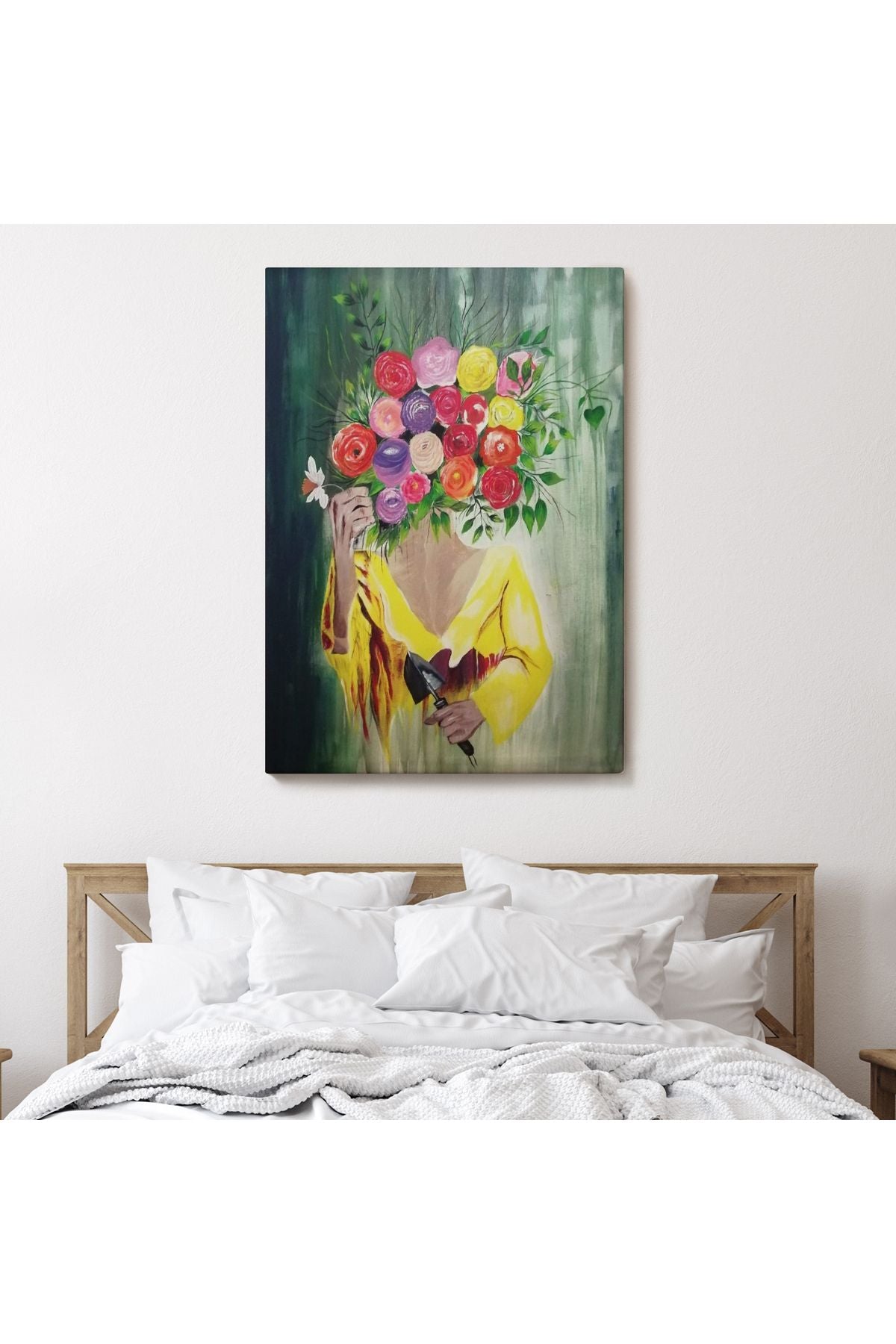 Çiçek Başlı Kadın Portresi Yağlıboya Görünüm Dekoratif Duvar Tablosu-6394