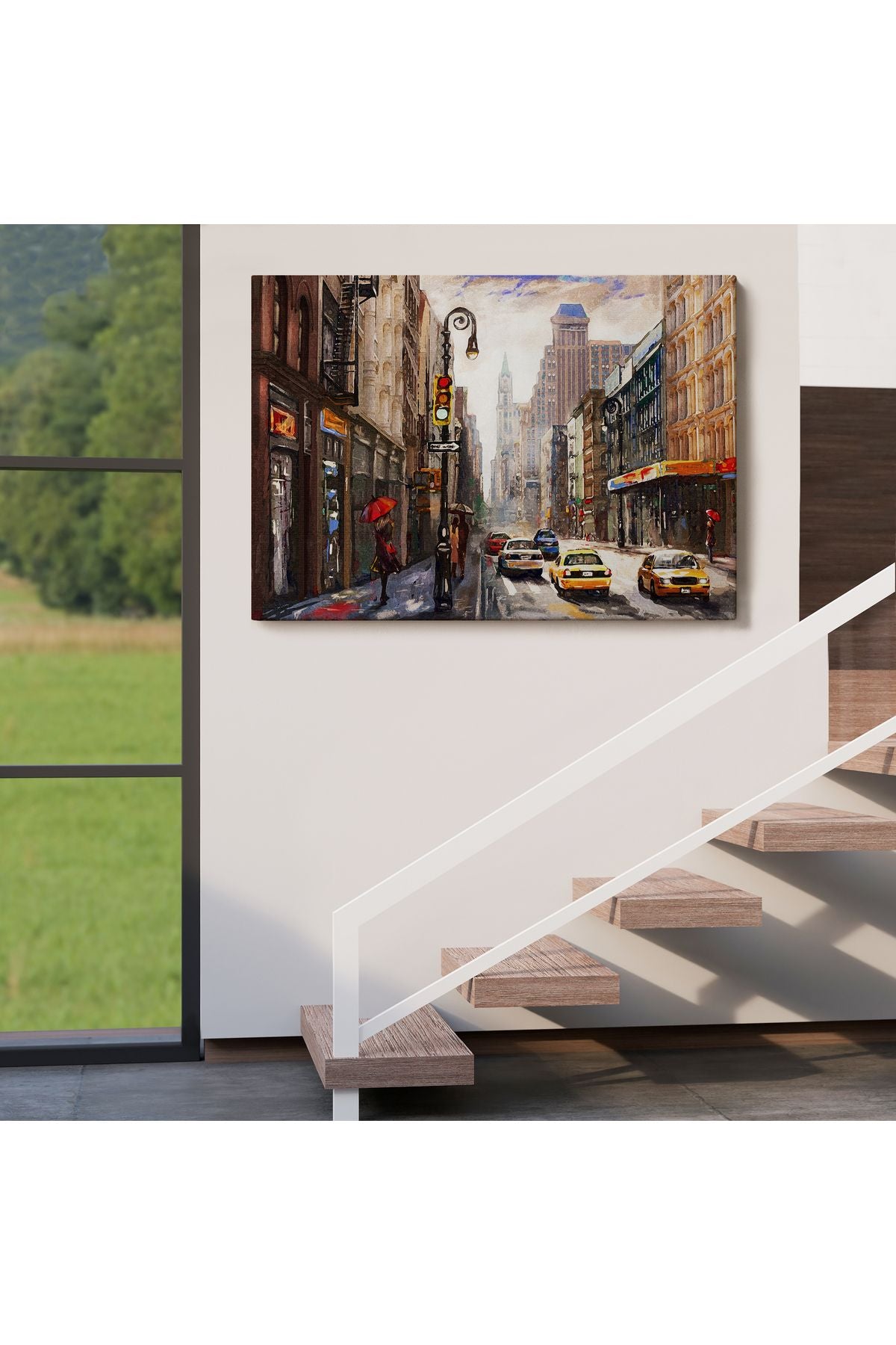 New York Sokakları Ve Sarı Taksi Yağlıboya Görünüm Tablo-3550