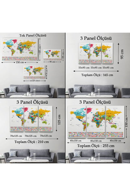 Dünya Haritası Son Derece Ayrıntılı Eğitici ve Bayraklı Dekoratif Kanvas Tablo 2796