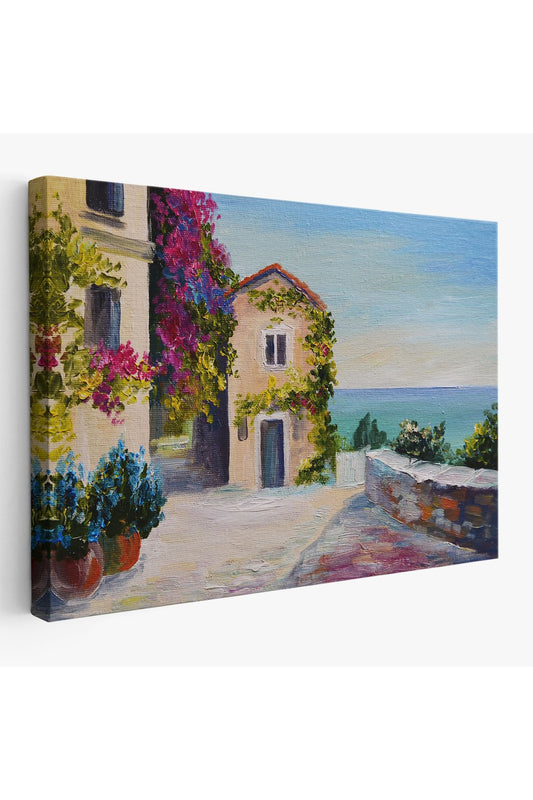 Santorinide Deniz Manzaralı Ev Kanvas Duvar Tablosu-1186