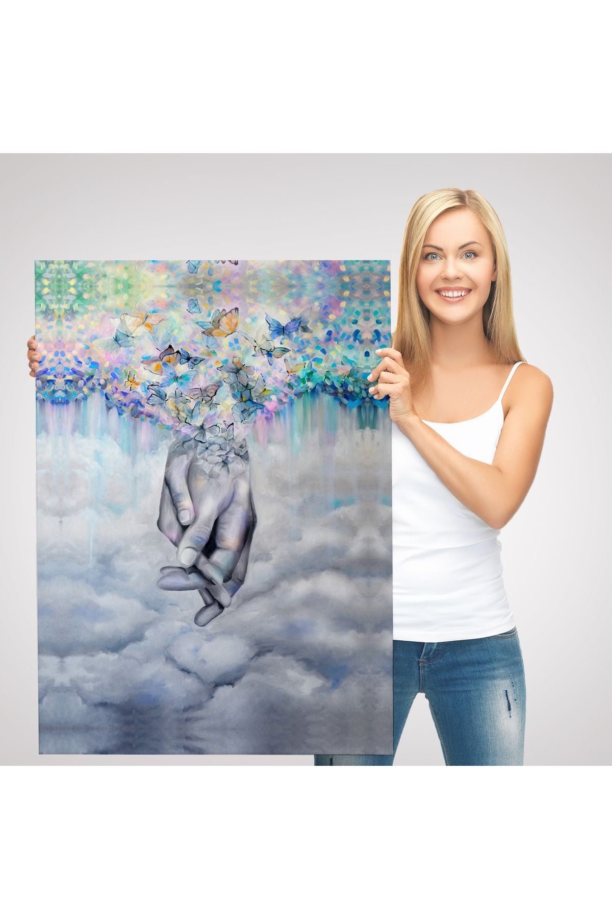 Sürrealist Kadın Ve Erkek Elleri Yağlıboya Görünüm Dekoratif Kanvas Duvar Tablosu-5951