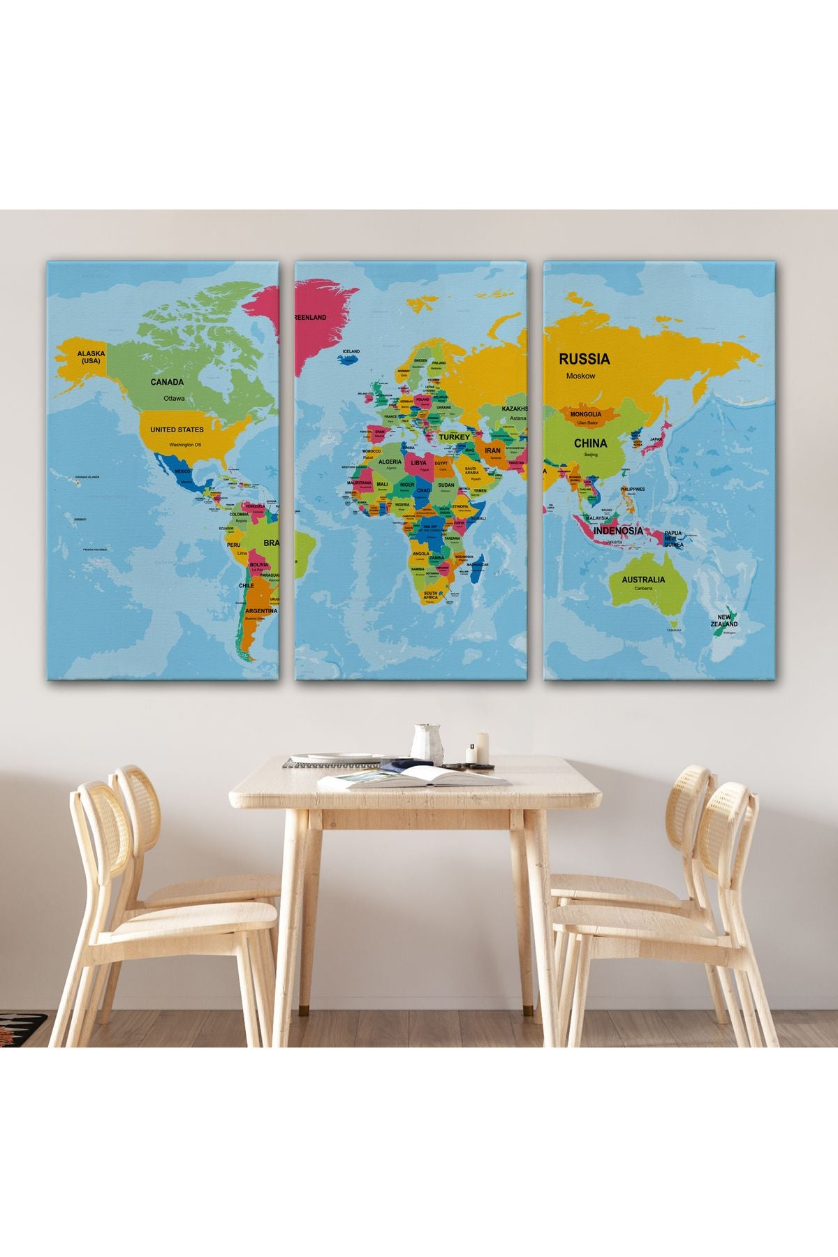 Dünya Haritası Ülke Başkentli Okyanuslu ve Dekoratif Kanvas Tablo 2243