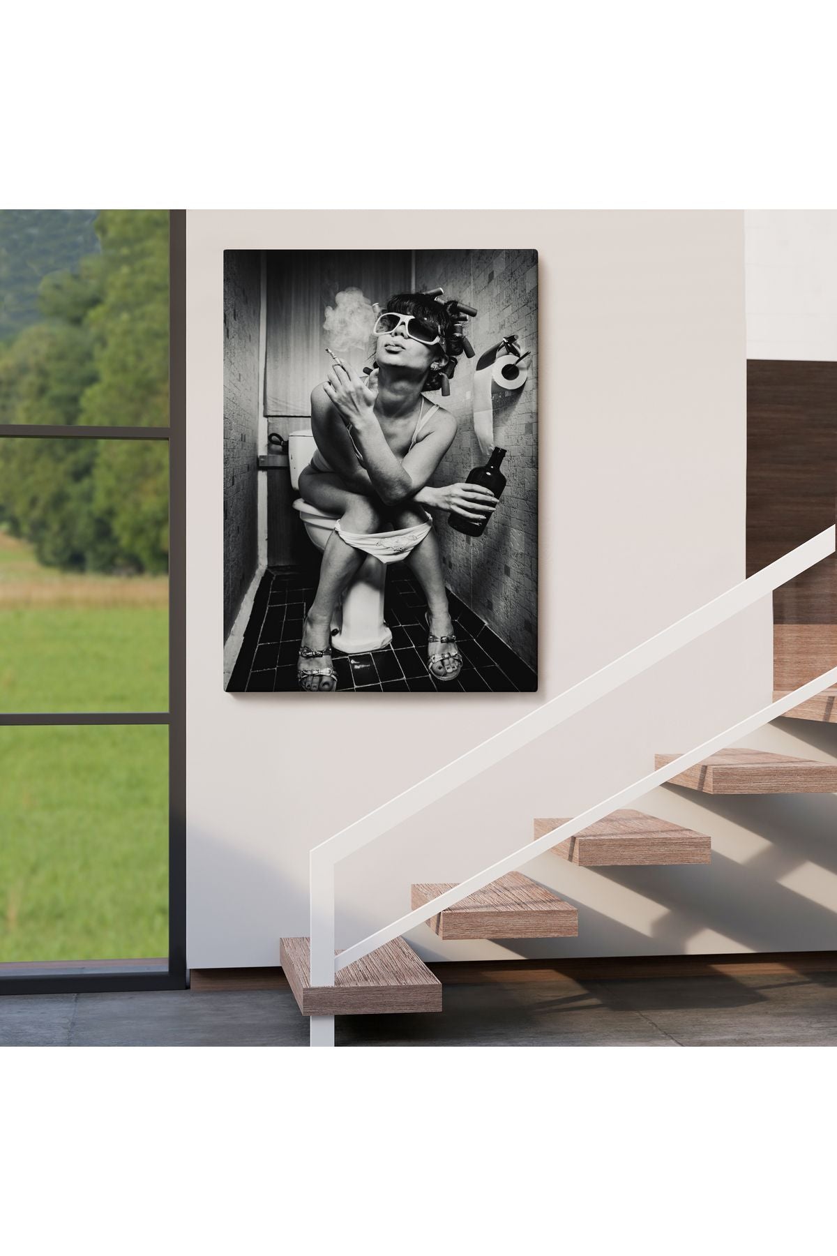 Tuvalette İçki ve Sıgara İçen Kadın Kanvas Tablo-5105