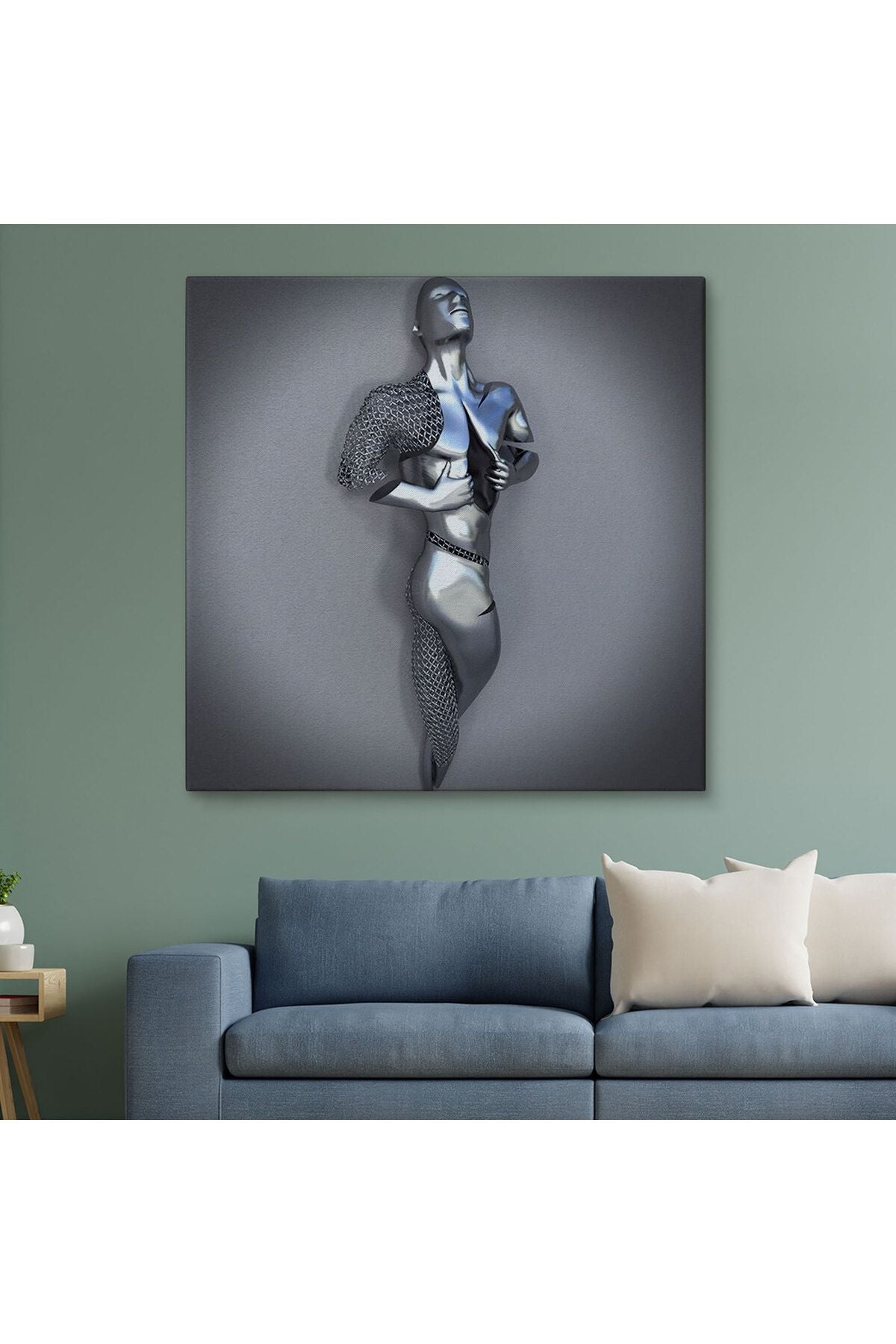 Romantik Beden, Aşk Sanatı, 3D Efekti Gümüş İnsan, Metalik Efektli Kanvas Tablo-5352