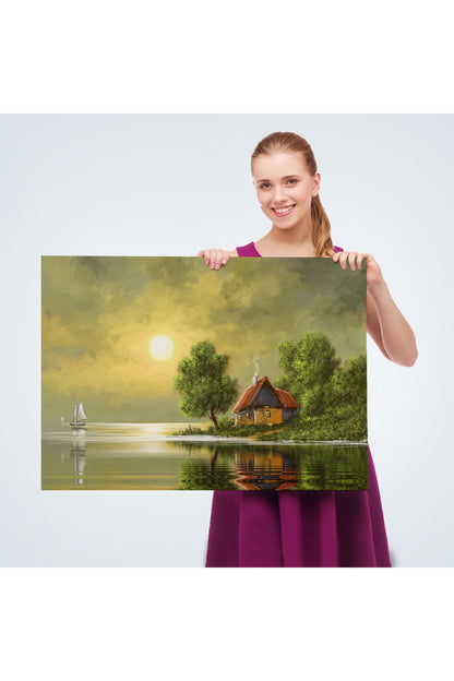 Göl Kenarındaki Köy Evi Yağlıboya Görünüm Dekoratif Kanvas Duvar Tablosu-3592