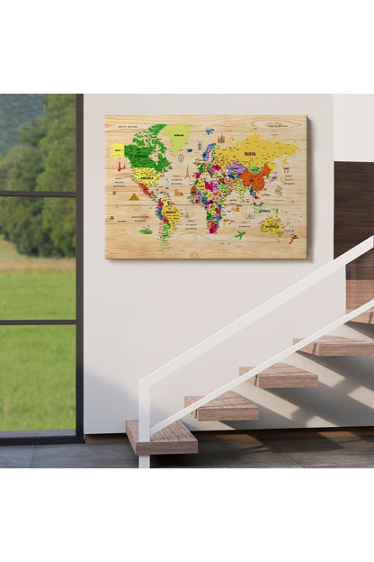 DB  Ahşap Görünümlü Türkçe Dünya Haritası Sembollü Eğitici Dekoratif Kanvas Tablo 2911