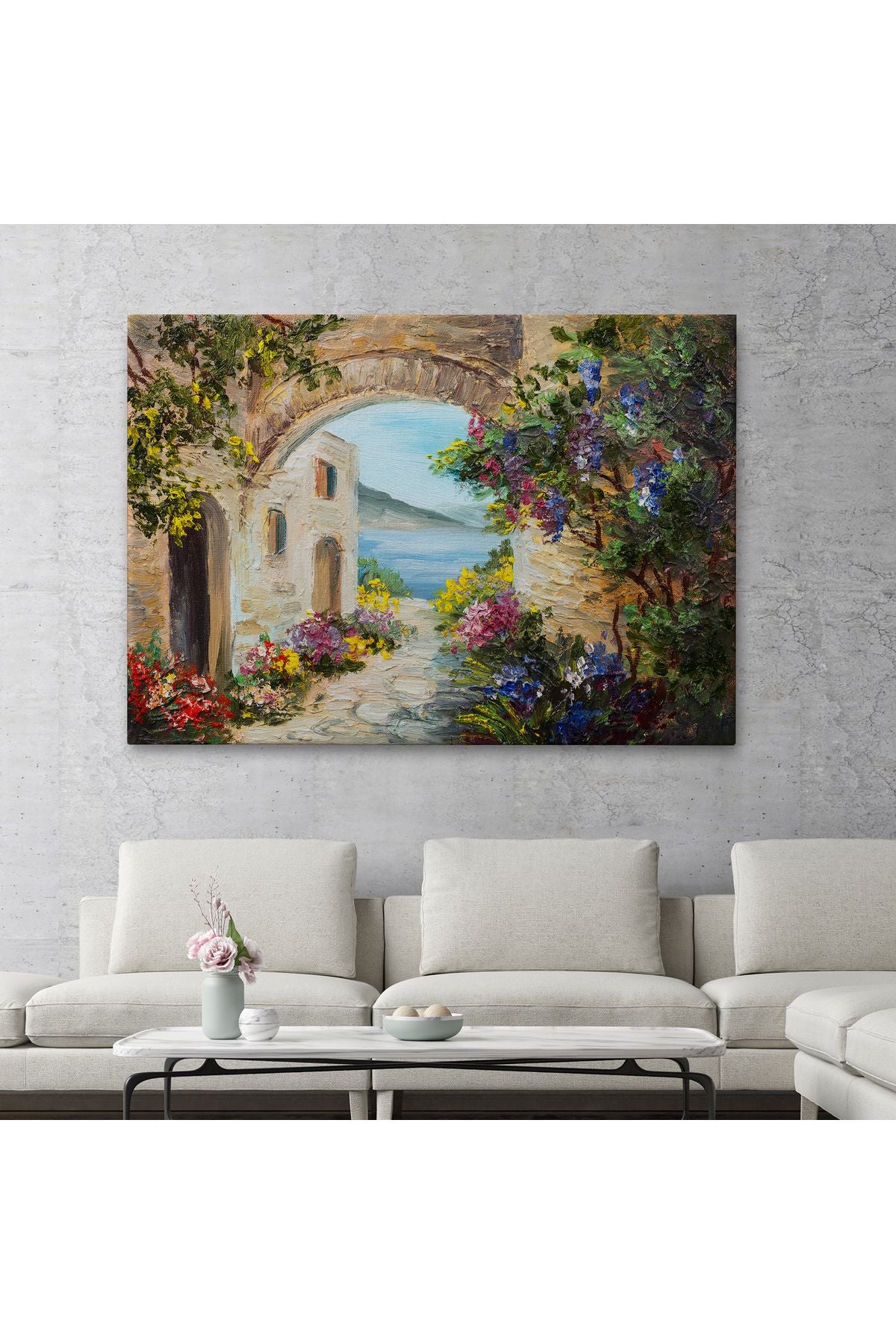 Deniz Yakınında Ev, Renkli Çiçekler, Deniz Manzaralı Kanvas Duvar Tablosu-1111