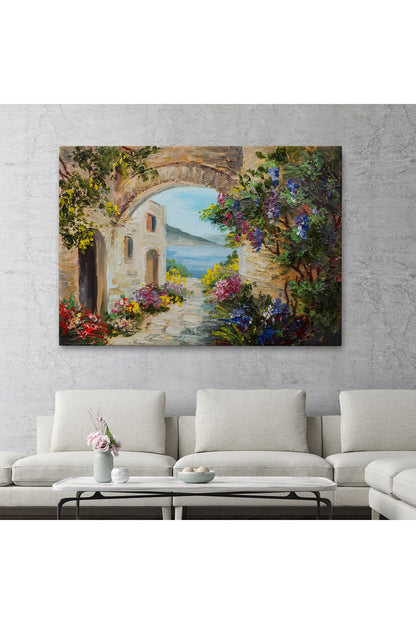 Deniz Yakınında Ev, Renkli Çiçekler, Deniz Manzaralı Kanvas Duvar Tablosu-1111