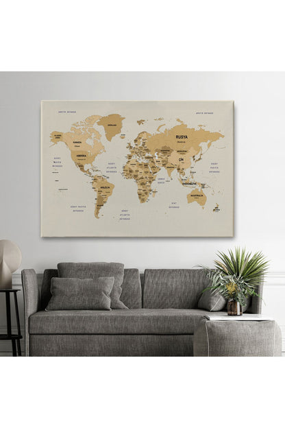 Türkçe Dünya Haritası Kanvas Tablo Ülke Başkent Detaylı ve Dekoratif 2618