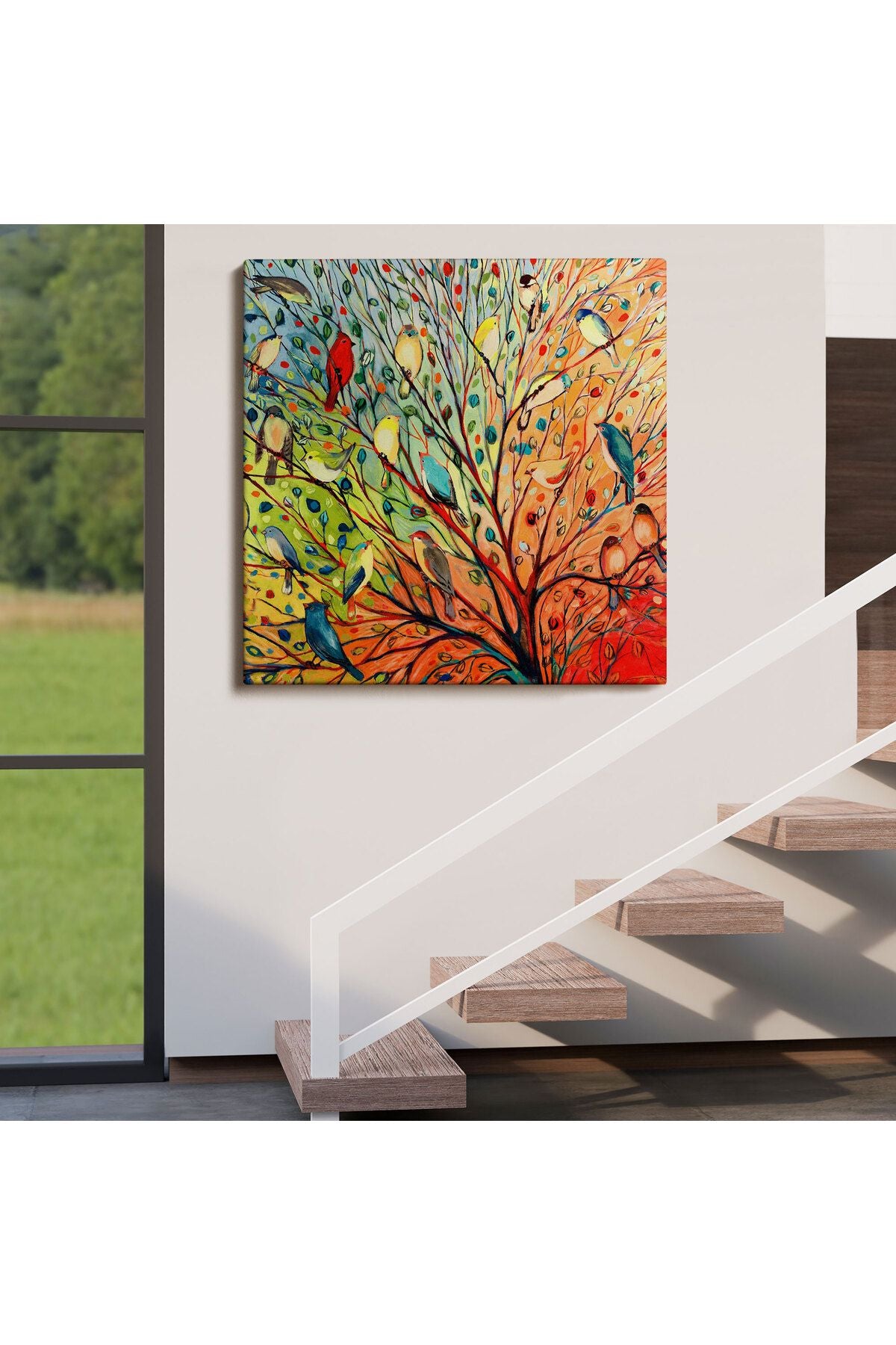 Renkli Ağaçtaki Renkli Kuşlar Kanvas Tablo-5887