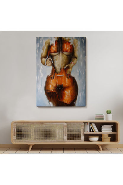 Violin Kadın Kanvas Duvar Tablosu, Kadın Keman Sanatı, Suluboya Tuval-5229