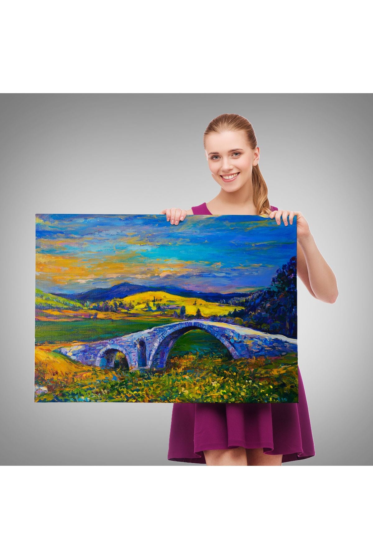 Köy Taşköprüsü Günbatımı Manzarası Duvar Tablosu-1202