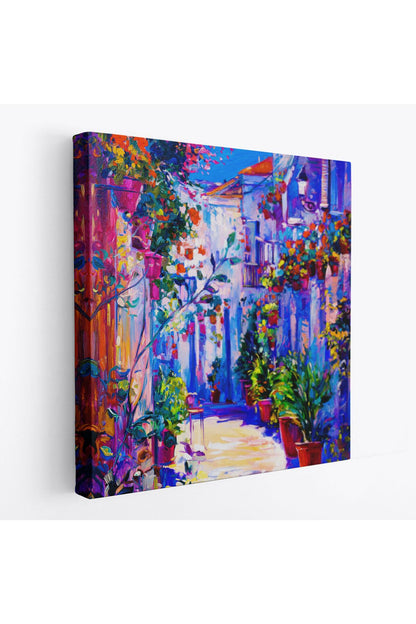 Çiçekli Sokak Yağlıboya Görünüm Dekoratif Kanvas Duvar Tablosu-5827