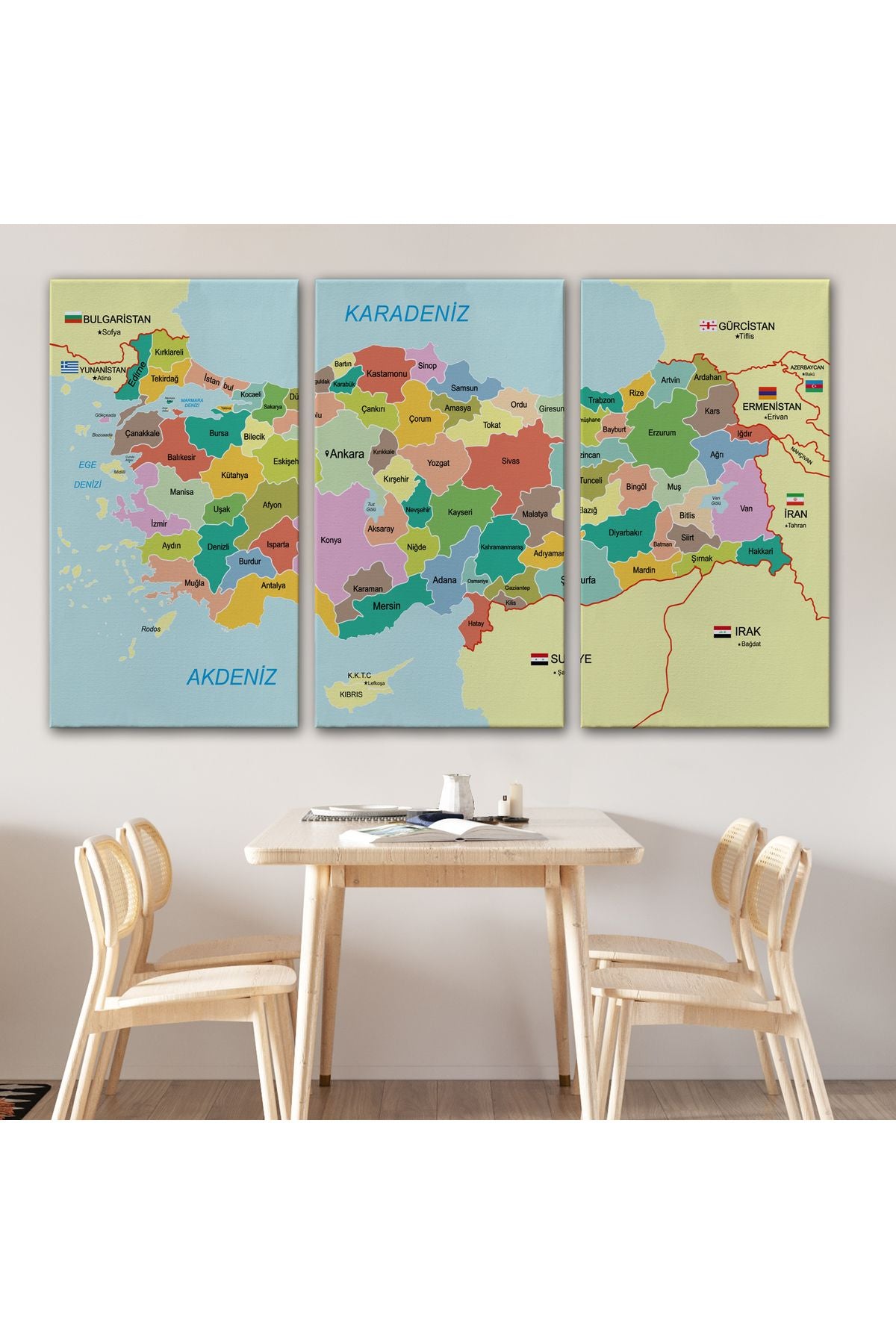 Türkiye Haritası Kanvas Tablo Sınır Komşulu Eğitici Dekoratif Tablo 3096