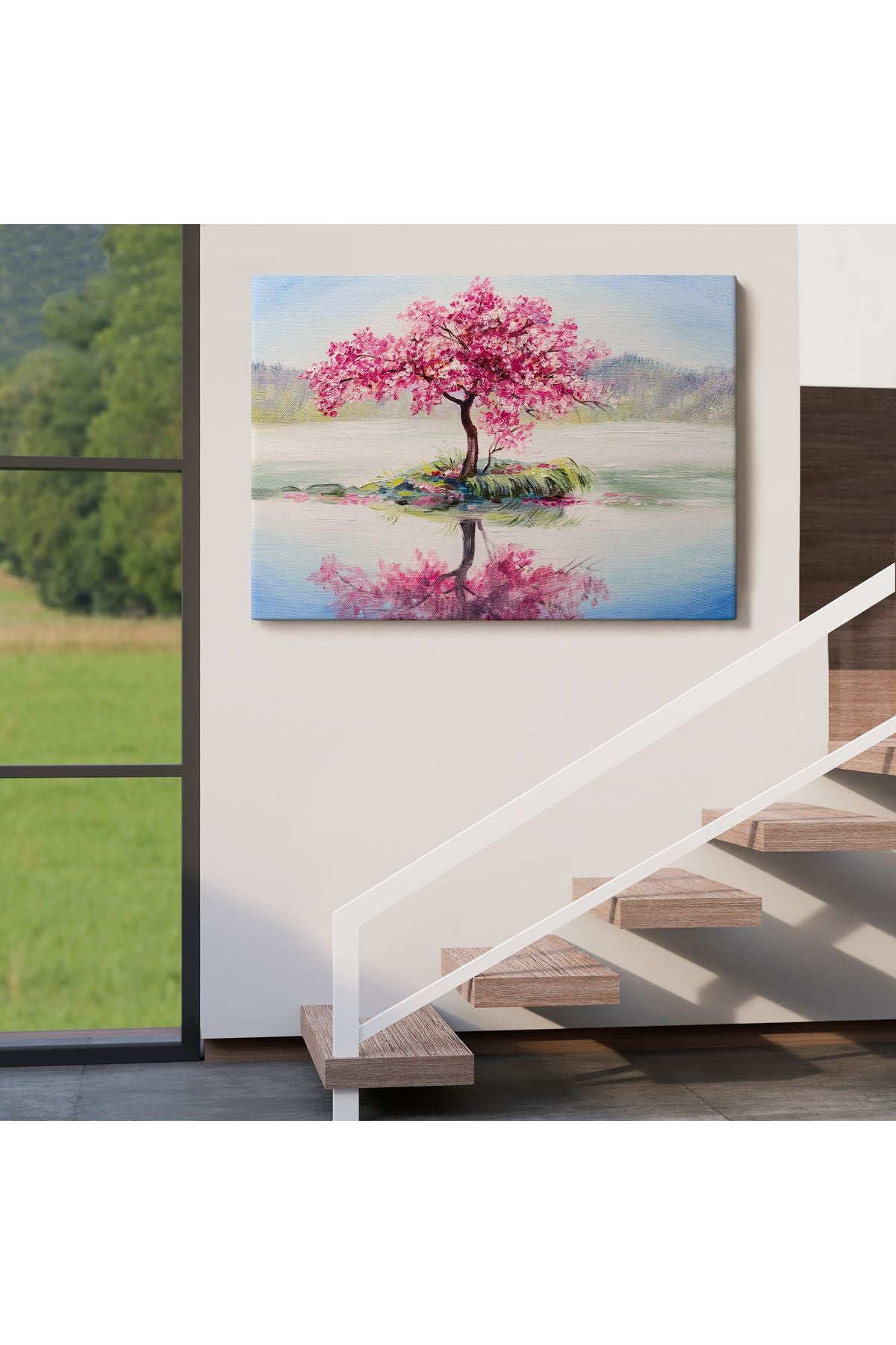 Gölde Sakura Ağacı Yağlıboya Görünüm Kanvas Duvar Tablosu-3494