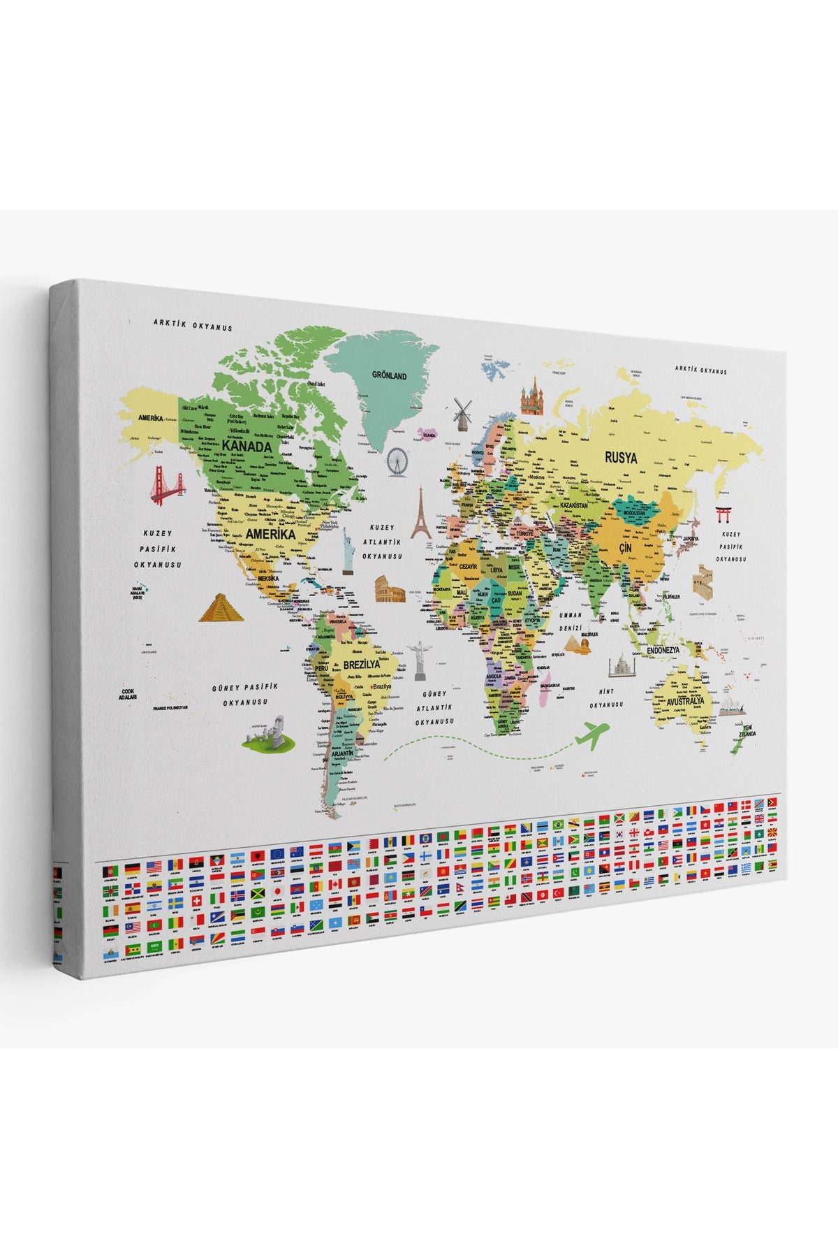 arg001 seri Türkçe Dünya Haritası Ayrıntılı Eğitici  Sembollü Bayraklı Dekoratif Kanvas Tablo 2848