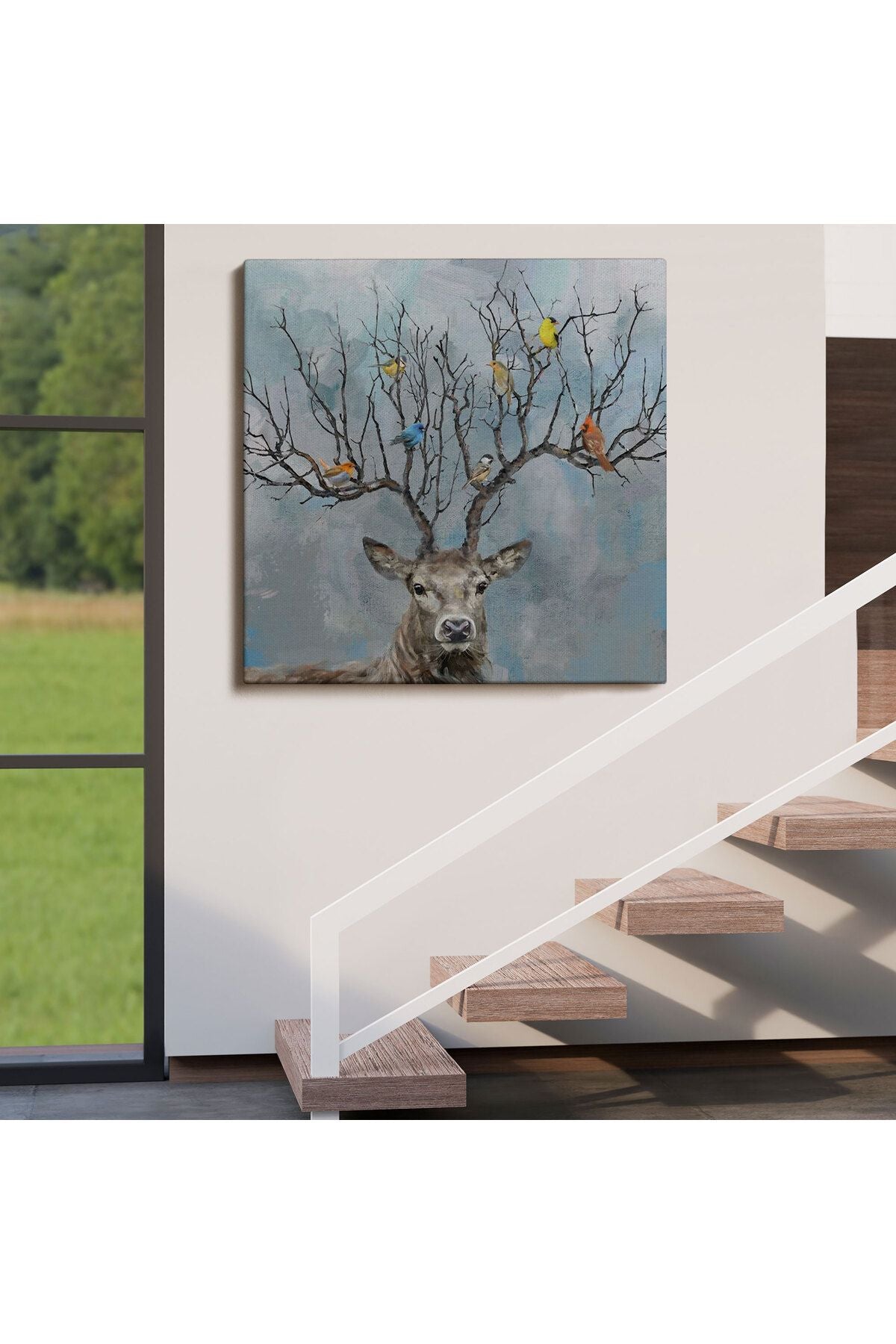 Geyik Boynuzları Üzerinde Renkli Kuşlar Tablosu-5863