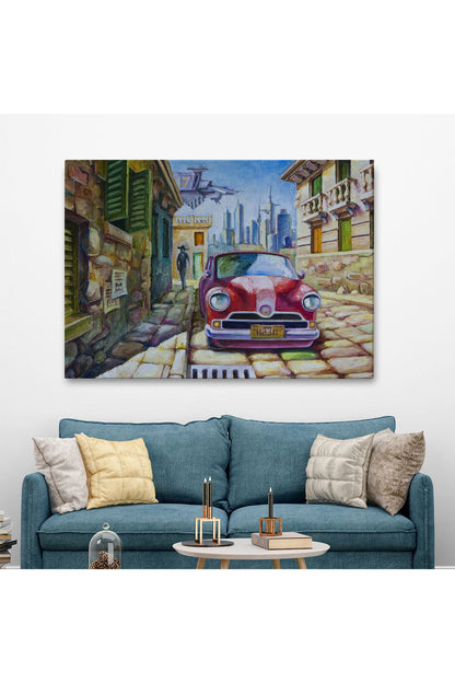 Dekoratif Kanvas Tablo, Duvar Tablosu-Yağlıboya Görünüm Eski Kırmızı Araba 3433