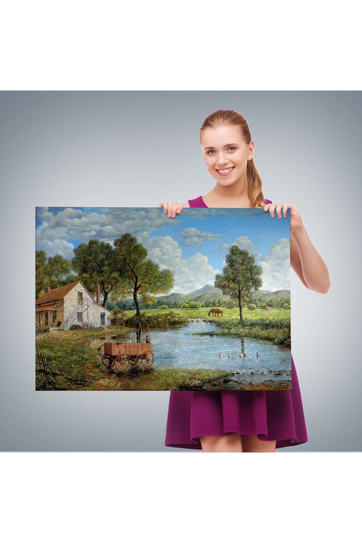 Köy Ve Akarsu Manzaralı Dekoratif Kanvas Duvar Tablosu-3425