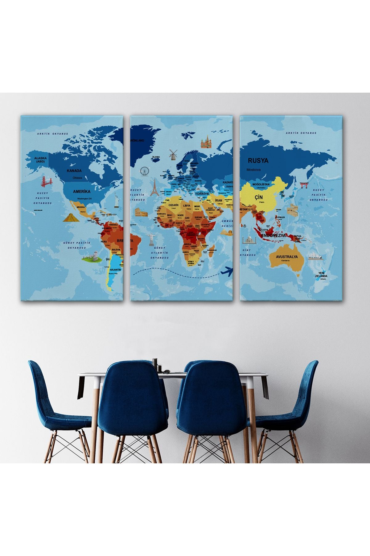 Türkçe Dünya Haritası Sembollü ve Okyanuslu Dekoratif Kanvas Tablo 2422
