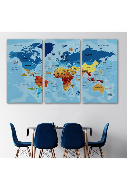 Türkçe Dünya Haritası Sembollü ve Okyanuslu Dekoratif Kanvas Tablo 2422