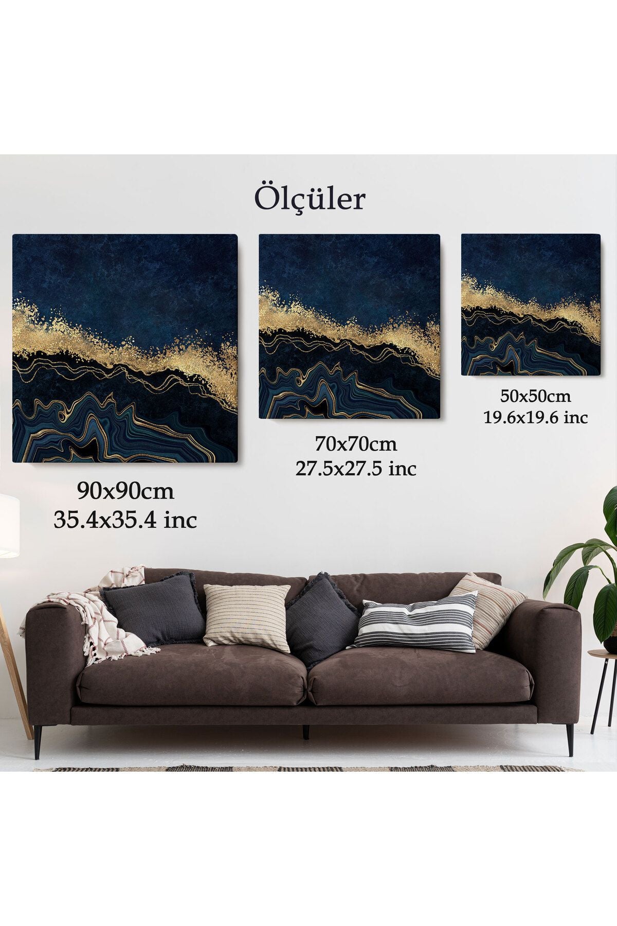 Mavi ve Gold'un Müthiş Uyumu Mermer Görünümlü Modern Kanvas Tablo-5062