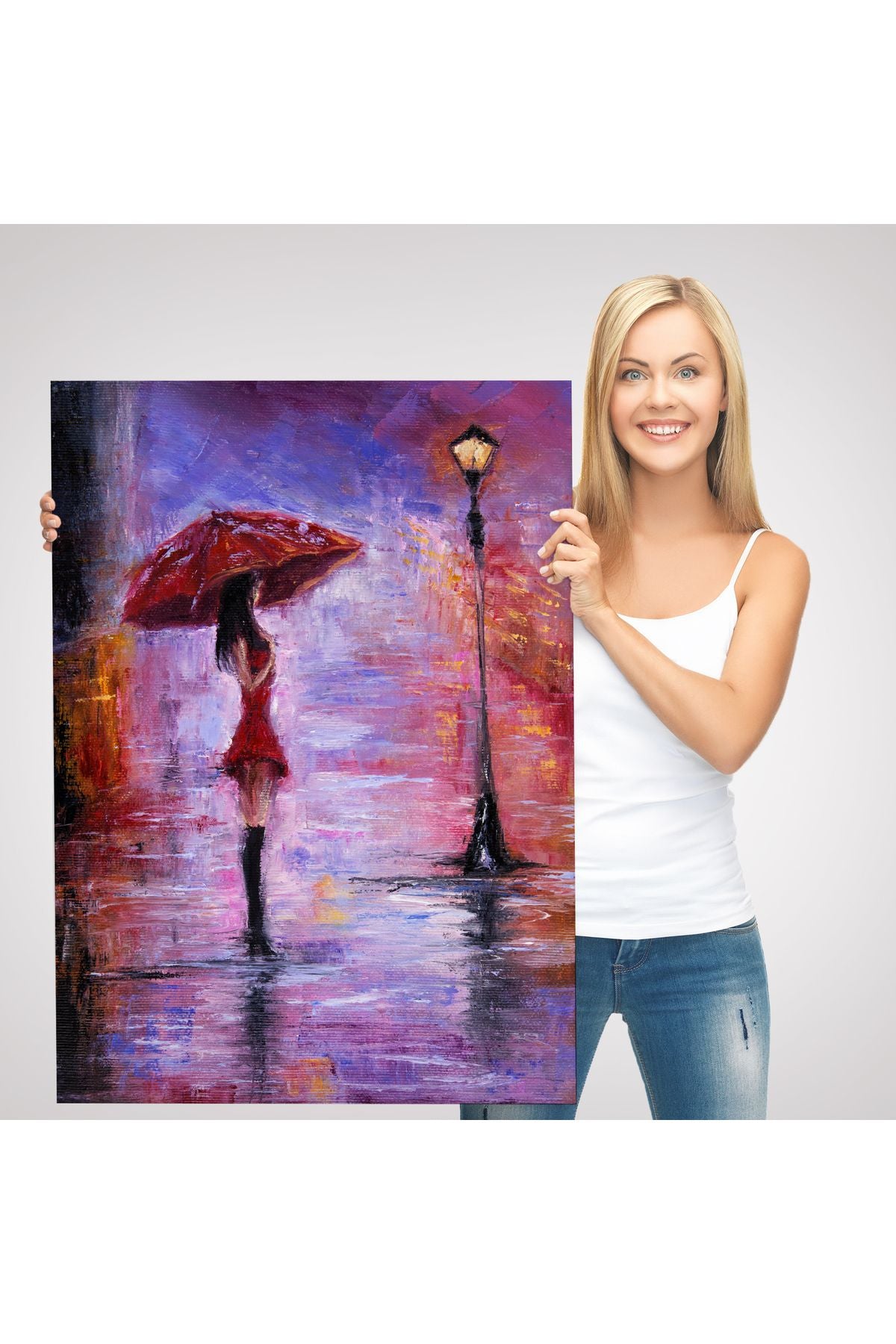 DB  Gece Lambası Altında Şemsiyeli Kız Tablosu-5978