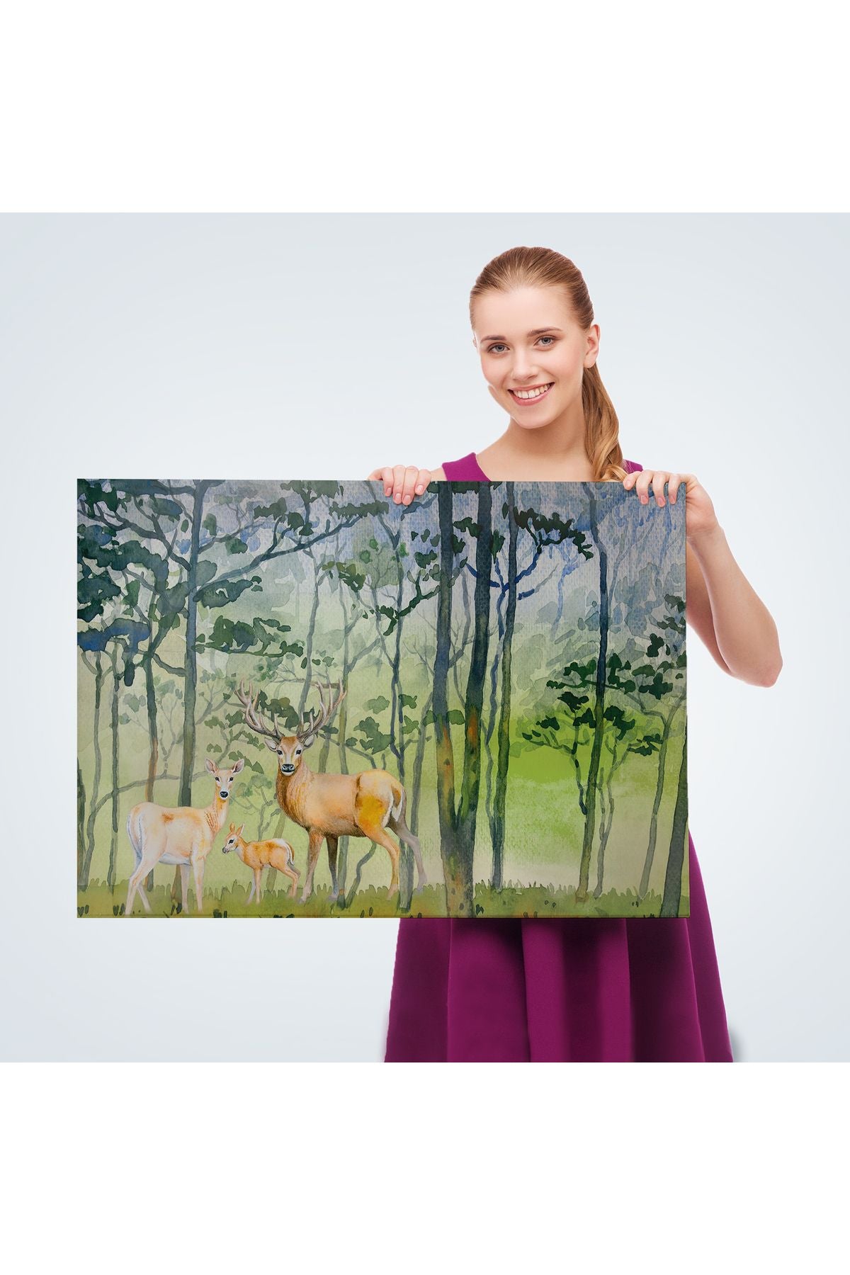 Geyik Ailesi Suluboya Görünüm Dekoratif Kanvas Duvar Tablosu-3648