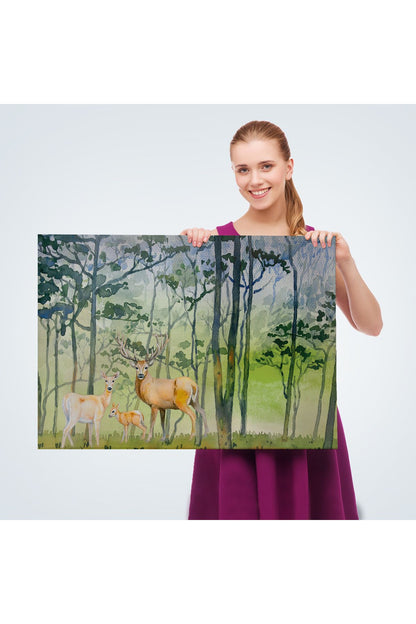 Geyik Ailesi Suluboya Görünüm Dekoratif Kanvas Duvar Tablosu-3648